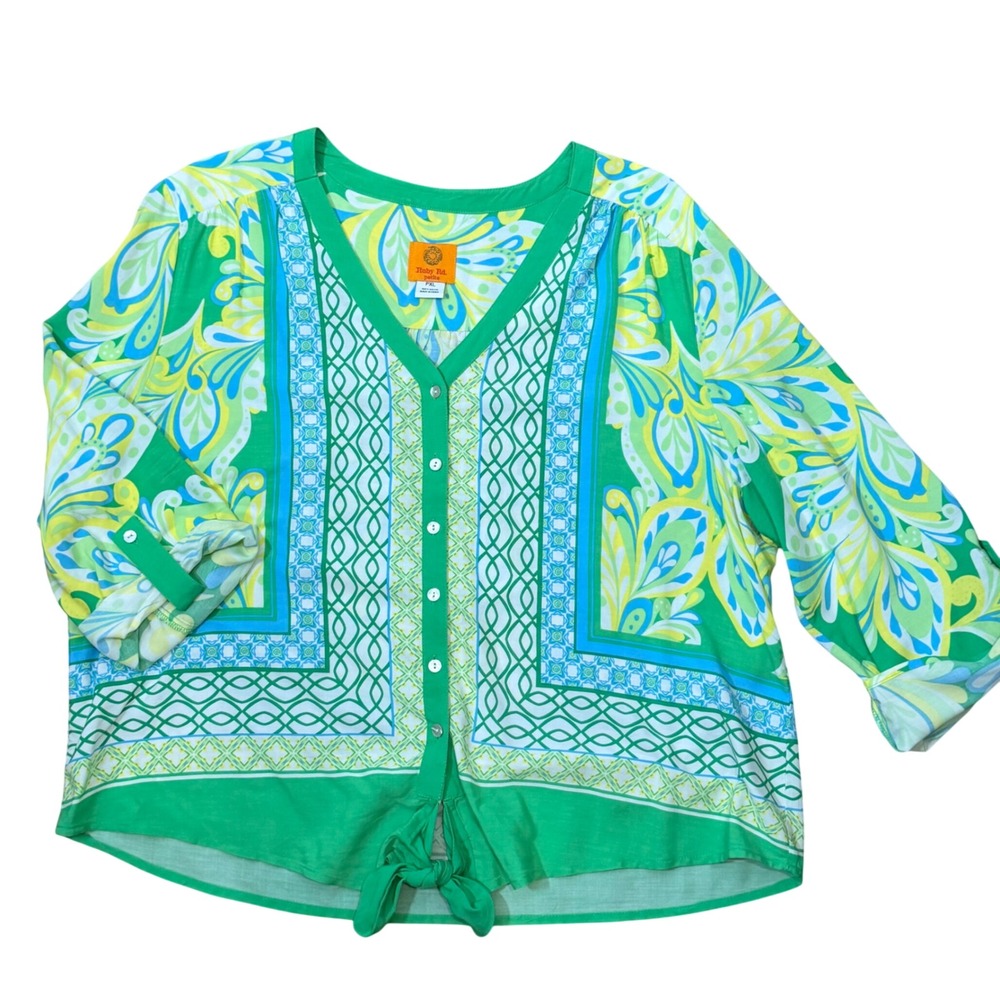 Ruby Rd Green Paisley Scarf Print Tie Front Blouse (PXL) Roll Tab Sleeve Light